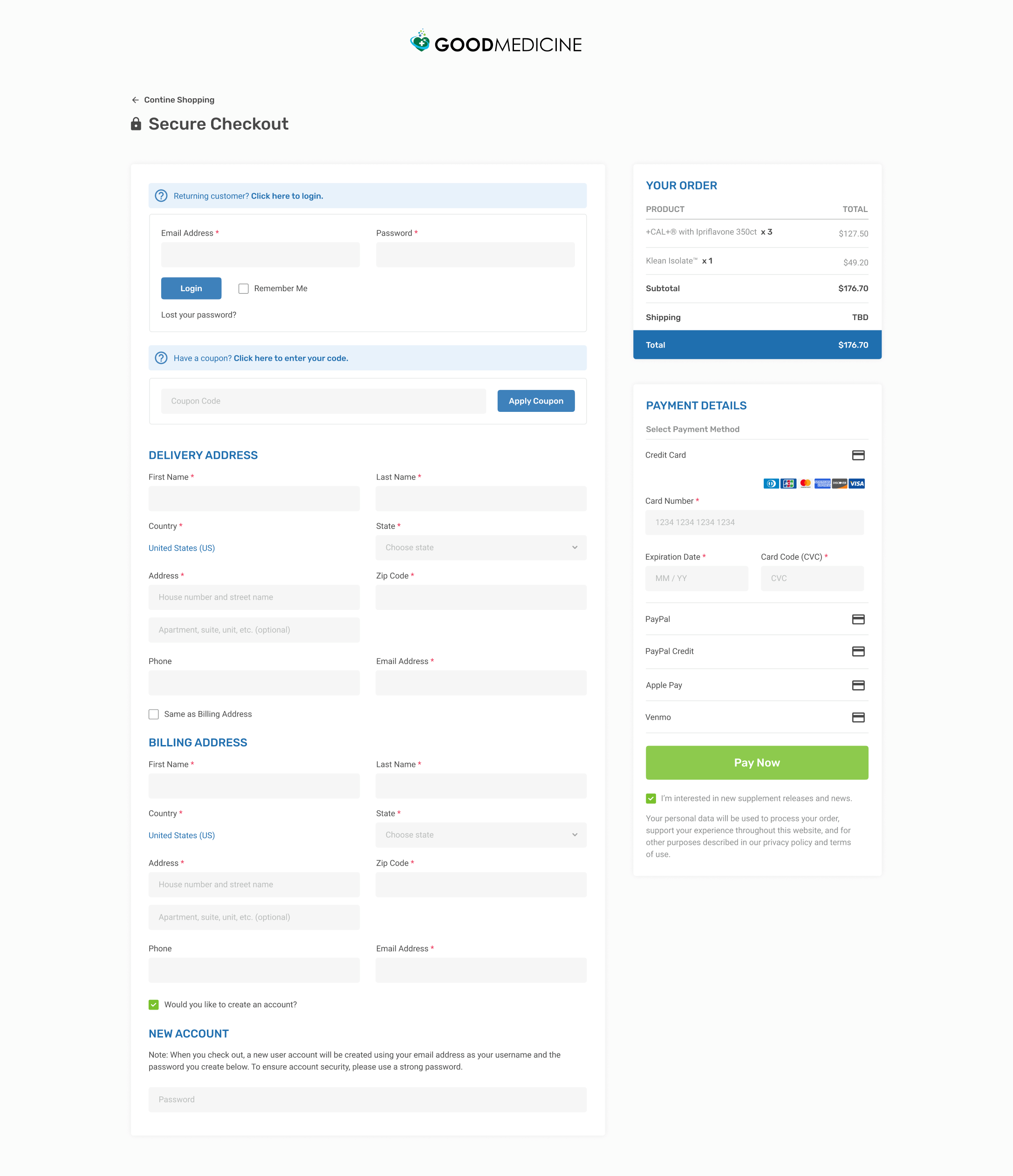 A screenshot of the checkout page