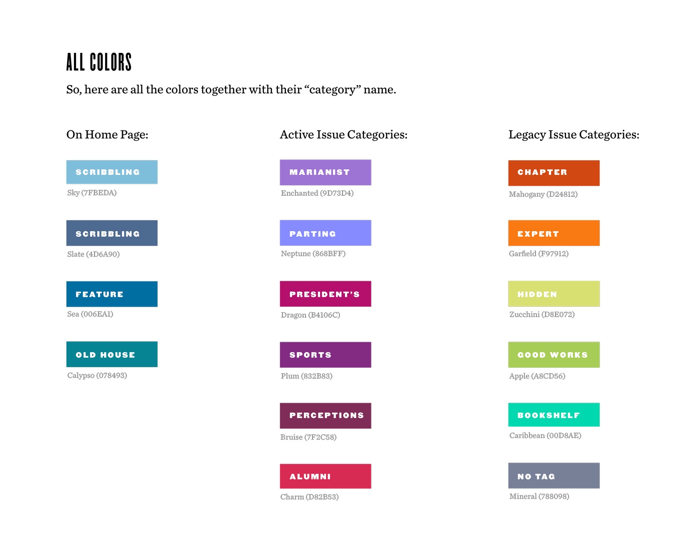 A screenshot of the color palette with documentation