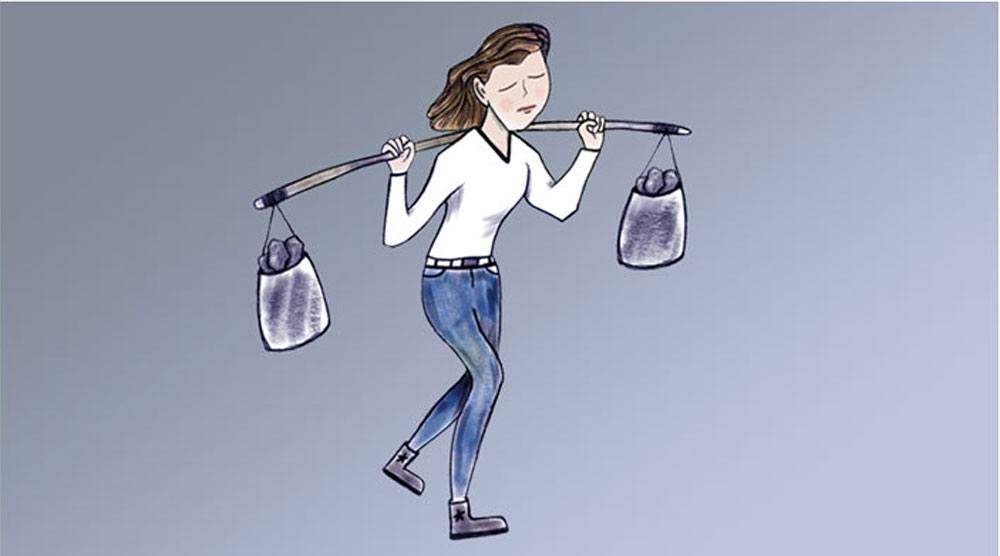 Illustration of a gal holding a bar with two backs of heavy rocks on each end.